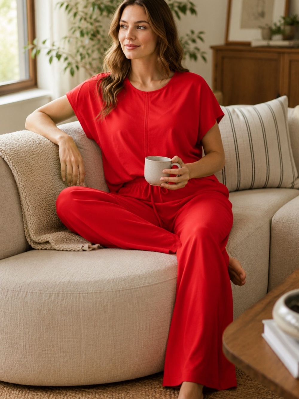 Spanx matching top/pants L short sleeve wide leg luxury lounge red/orange cosy